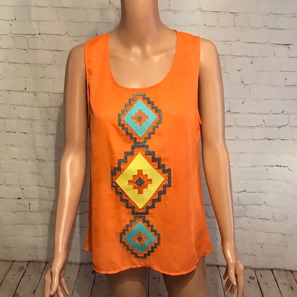 Blue Rain orange tribal print inspired blouse size large